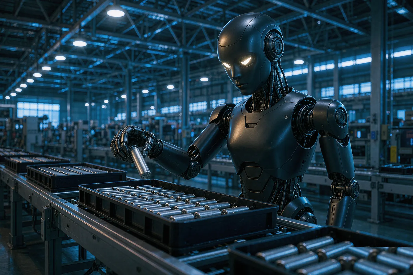 Optimus-class humanoid on a battery line (illustrative render)