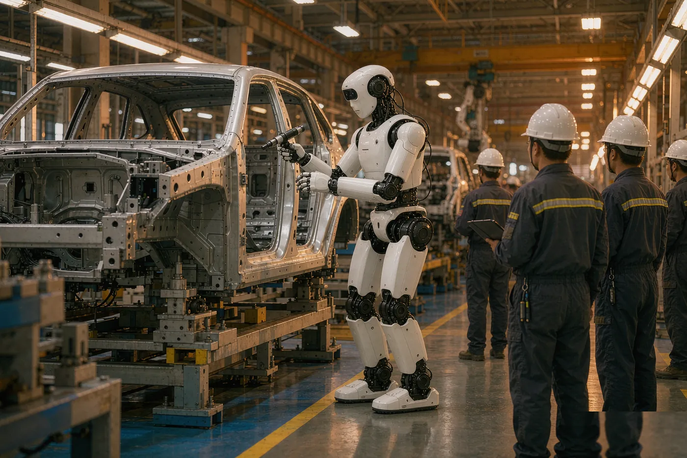 Walker S class humanoid inspecting an auto line (illustrative render)